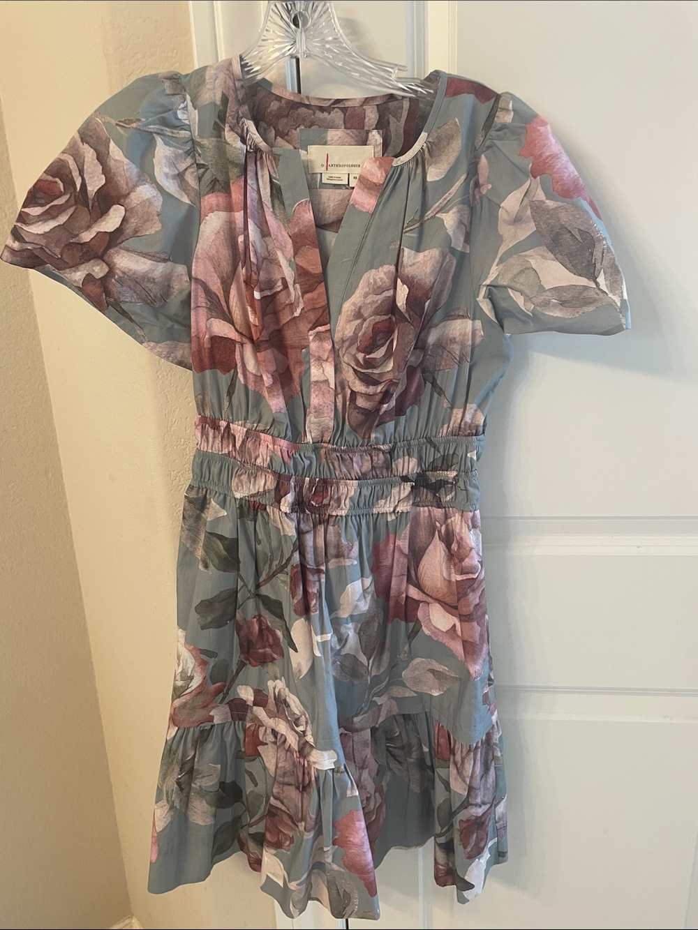Anthropologie Dusty Blue Floral Tiered Dress with Rose Accents